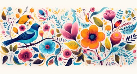 A vibrant painting of a bird soaring among an array of beautiful flowers captures the essence of nature in its most stunning form