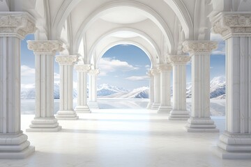 Fototapeta premium A majestic building with symmetrical columns arching gracefully against the cloudy sky and snow-covered landscape creates a breathtakingly serene scene