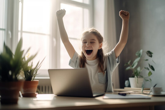 Happy girl raise hands sitting near laptop. Success concept. Generative Ai