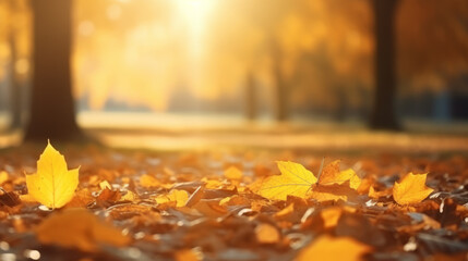 Naklejka na ściany i meble Autumn basic background. Golden leaves on the ground.