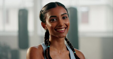 Happy woman, face and arms crossed in gym for fitness workout, exercise or healthy wellness. Portrait, female person and proud Indian sports girl ready for training at a boxing club with confidence