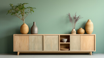 a wooden sideboard in a inviting living room interior decoration ai generated