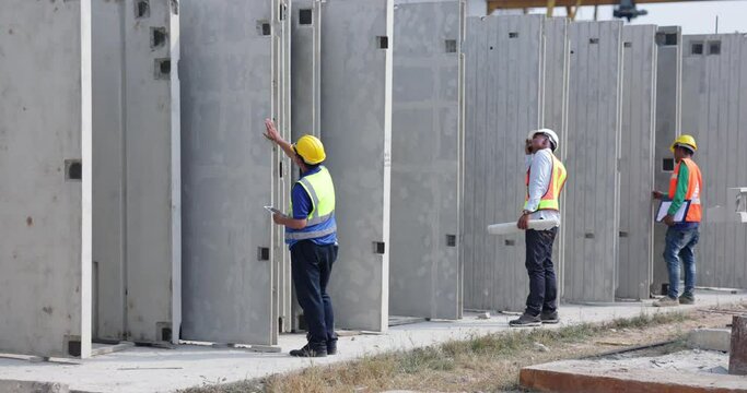 african american architect Engineering man and asian worker in safety hardhat working at precast factory industrial. Heavy Industry Manufacturing Factory. Prefabricated concrete walls