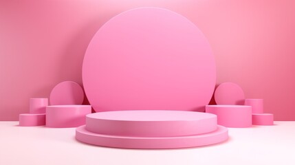 Abstract, elegant podium and product stand, fairy tale landscape. Pastel pink background. 3D Illustration. Generative Al