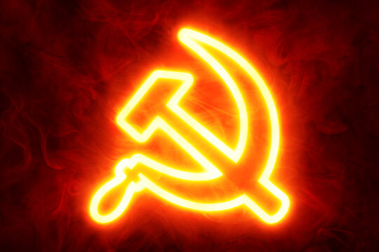 Neon glowing hammer and sickle communism symbol background