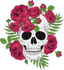 Digital png illustration of skull with rose bouquet on transparent background