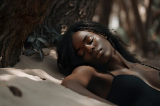 Beautiful Young Black Woman Resting Under a Tree On An Exotic Sandy Beach 