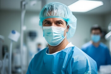 Fototapeta na wymiar Surgeon man with a blue medical uniform smiling in the operating room. Generative AI.
