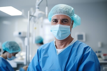 Fototapeta na wymiar Experienced surgeon man with a blue medical uniform smiling in the operating room. Generative AI.