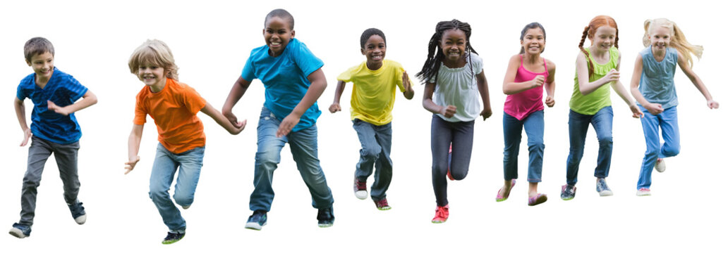 Digital png photo of diverse children running on transparent background
