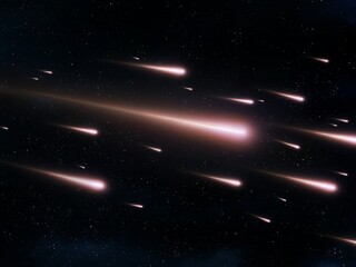 Star rain in the sky, beautiful meteor stream. Group of meteoroids in deep space. Falling stars.
