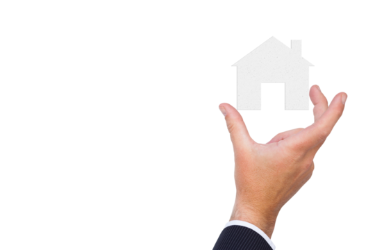 Digital png illustration of hand with house symbol on transparent background