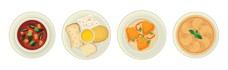 French Food Dishes Served on Plates for Restaurant Menu Top View Vector Set