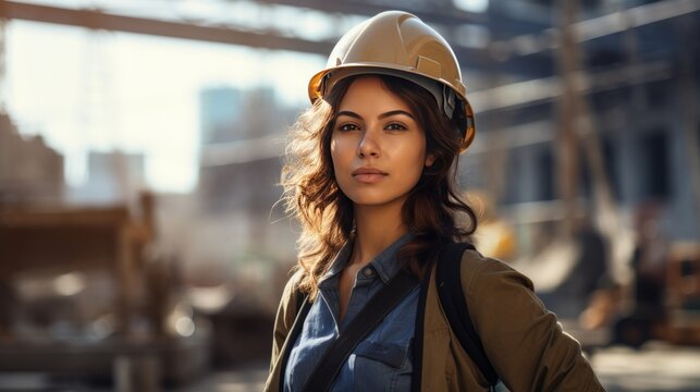 Female worker wearing a protective helmet and safety gear on a construction site. AI generative.