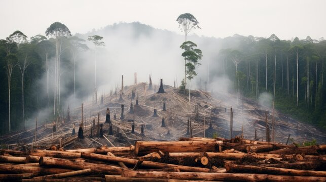 Amazon rainforest illegal deforestation landscape view of trees. AI generative.