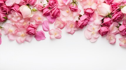 Decorative web banner. Close up of blooming pink roses flowers and petals isolated on white table background. Floral frame composition. Empty space, flat lay, top view. AI generative.