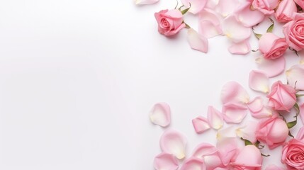 Fototapeta na wymiar Decorative web banner. Close up of blooming pink roses flowers and petals isolated on white table background. Floral frame composition. Empty space, flat lay, top view. AI generative.