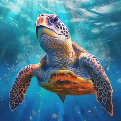 Foto op Canvas Portrait of a happy sea turtle swimming underwater. Generative ai. © alexanderuhrin