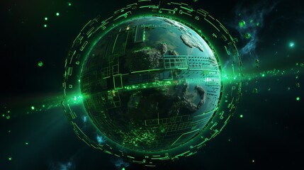 Fototapeta premium Digital green futuristic globe, viewed from space, in the solar system, in the stars, view of the earth, our planet, ai, cyber, eco, climate. AI generative.