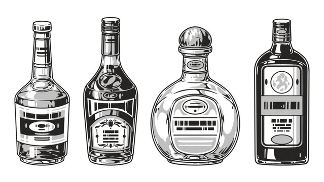 Alcohol bottles monochrome set emblem