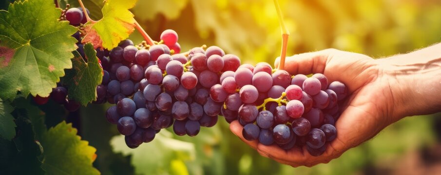 Farmer male hands picking grape, grapes harvest. AI generative.