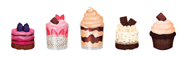 Sweet Pastry and Dessert Food with Cream, Berry and Chocolate Vector Set