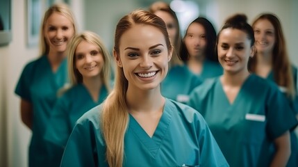 Fototapeta premium Portrait of a young nursing student standing with her team in hospital, dressed in scrubs, Doctor intern. AI generative.