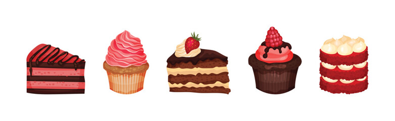 Sweet Pastry and Dessert Food with Cream, Berry and Chocolate Vector Set