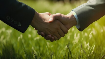 Business handshake of two men on the background of a green field with tall grass