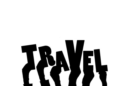 Digital png illustration of hands with travel text on transparent background