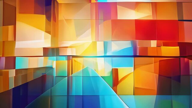 An overlapping grid of bright colors and shapes with a complex interplay of geometric patterns and shapes. Abstract wallpaper background