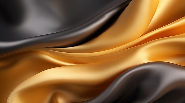 black background. Silk satin. golden color. Elegant background with space for design. Soft wavy folds