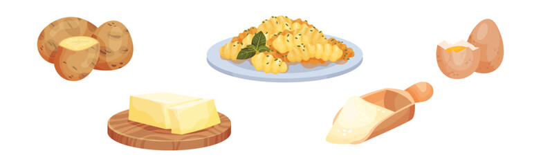 Potato, Butter, Flour Scoop and Egg as Pasta Ingredients Vector Set