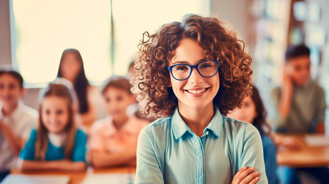 portrait of happy smiling schoolgirl with teacher in classroom