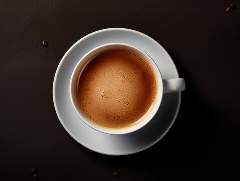 A Hot Cup Of Black Aromatic Espresso Coffee From Above In A White Cup, Top View, AI Generation