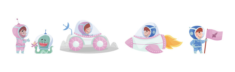 Little Kid Astronaut Wearing Spacesuit Exploring the Moon Vector Set