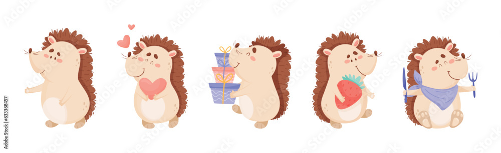 Poster hedgehog character engaged in different activity vector set