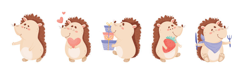 Hedgehog Character Engaged in Different Activity Vector Set