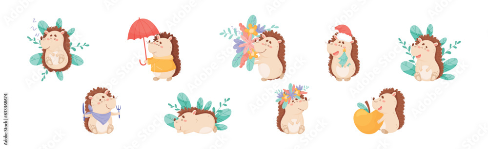 Poster hedgehog character engaged in different activity vector set