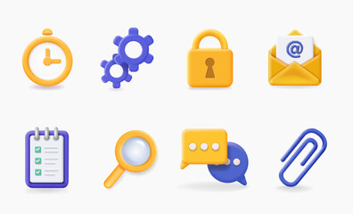 Universal icons. Clock, gear, lock, paper clip, envelope email, paper clip. 3d vector icon set