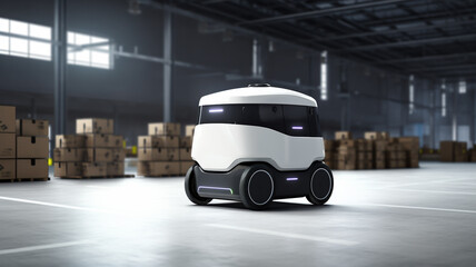 delivery robot car working in warehouse. Future Innovation.