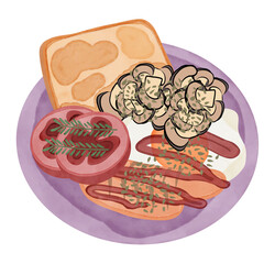 Fried Egg on Bread Salmon Mushroom Fresh Tomato and Tomato Sauce.Breakfast. Creative with illustration in flat design.