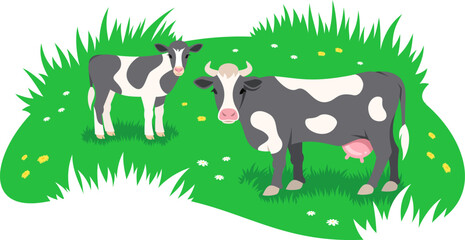 Obraz na płótnie Canvas Black and white cow with little calf grazing in a green meadow. Free range cattle, eco farming concept. Simple flat stylized illustration