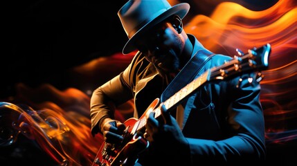 Black music artist playing guitar.