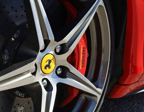 Udine, Italy. November 6, 2022. Ferrari logo on car rim of Testarossa model with Brembo carbon ceramic brake on the right