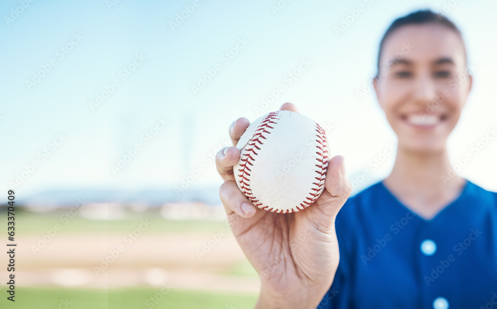 Poster Hand, ball and baseball with a woman on mockup for sports competition or fitness outdoor during summer. Exercise, training and softball with a sporty female athlete on a pitch for playing a game