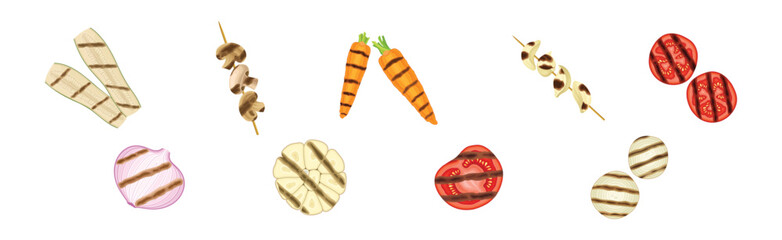 Grilled Vegetables as Cooked Barbecue Food Vector Set