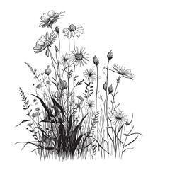 Wild field daisies hand drawn sketch in doodle style field illustration © BigJoy