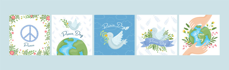 Peace Day Card with Pigeon and Planet Vector Set