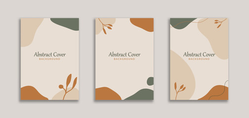 Set of 3 Beautiful Abstract Background with Orange Green Blob and Floral Object. Dynamic style for Cover book, booklet, banners , pamphlet, posters, frame, borders, presentations, flyers